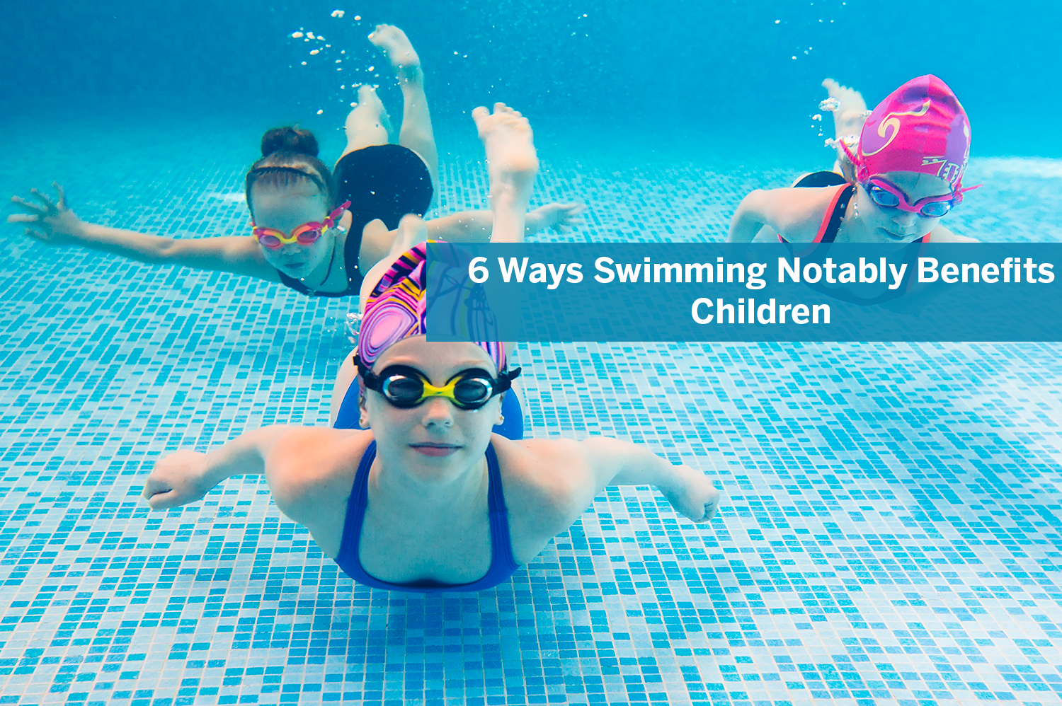 Three children swimming underwater in a pool.